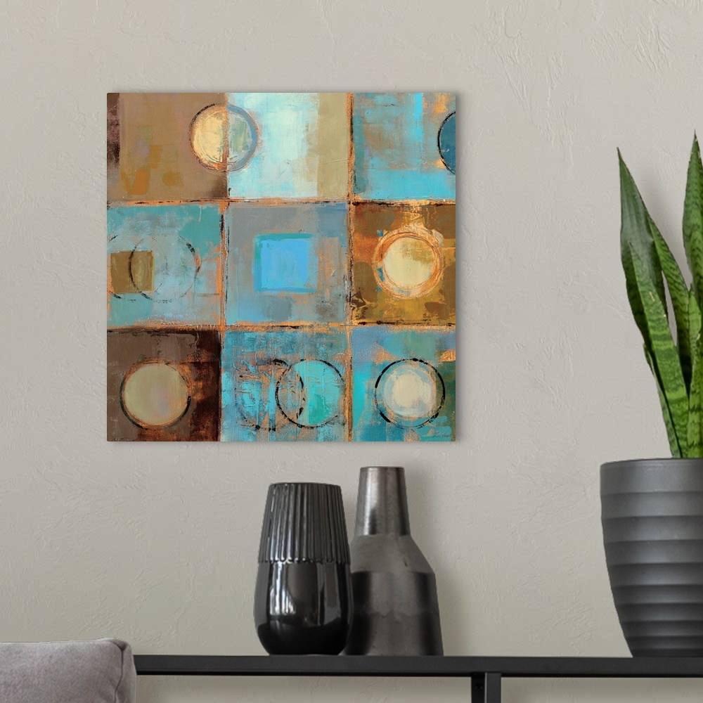 A modern room featuring Contemporary painting of squares and circles in cool aqua and earthy tones, separated by light ta...