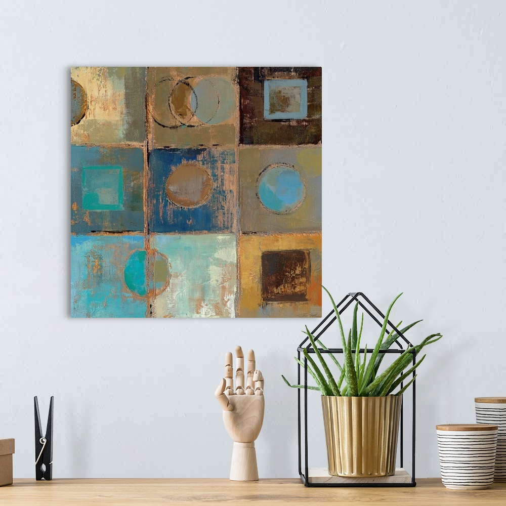 A bohemian room featuring Abstract art featuring a grid of three columns and three rows with various circular and square sh...