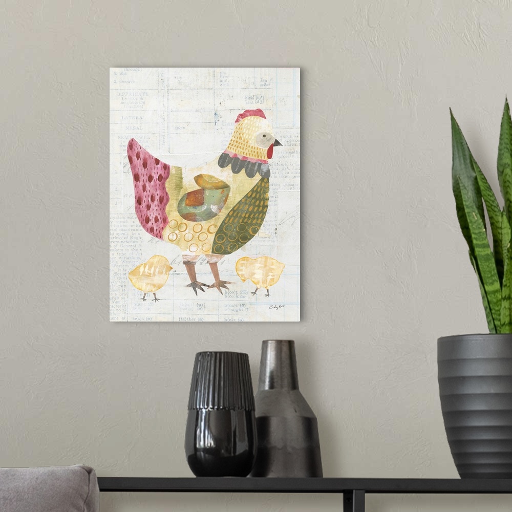 A modern room featuring Patchwork Chickens III