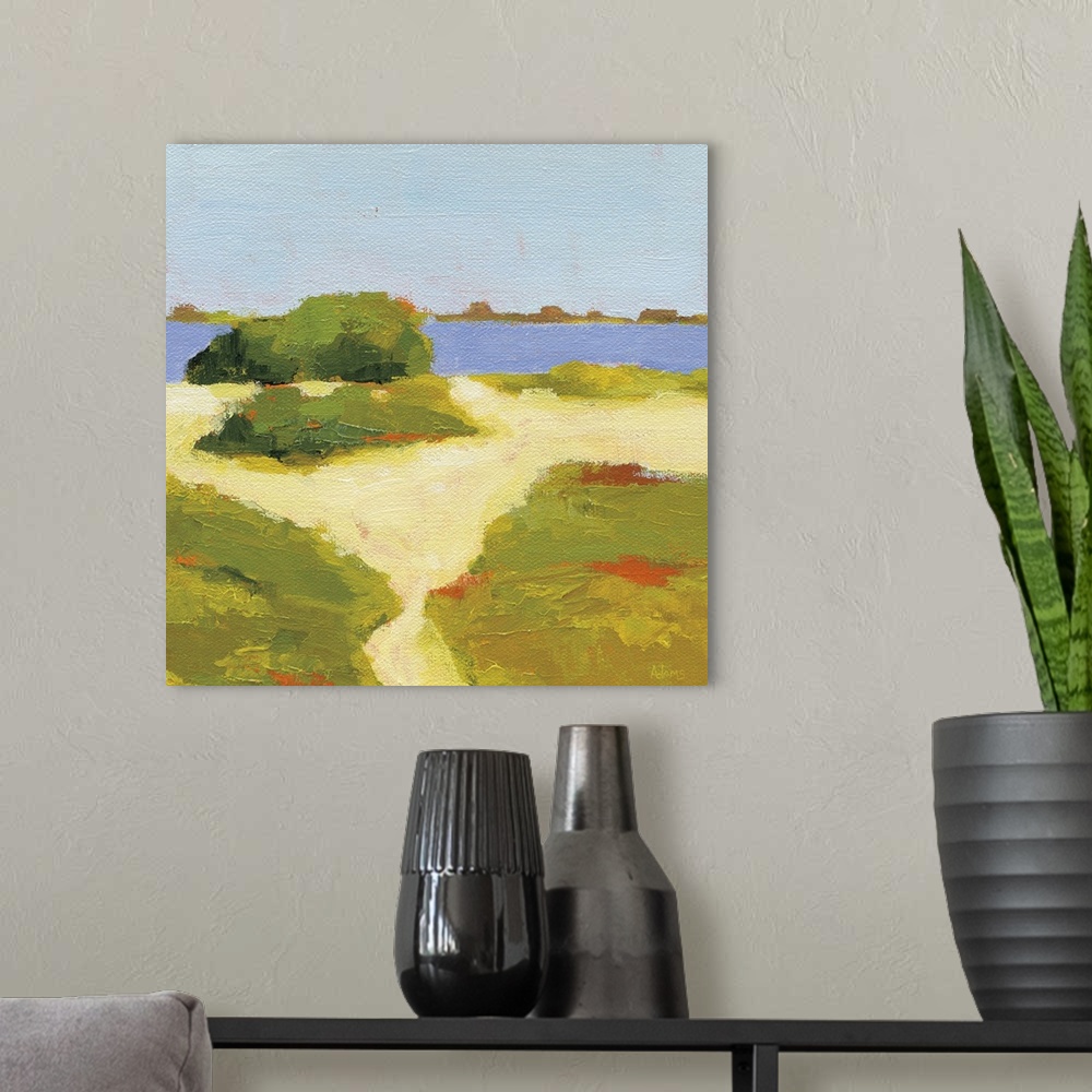 A modern room featuring Square abstract painting of a yellow sandy path that leads to the beach.