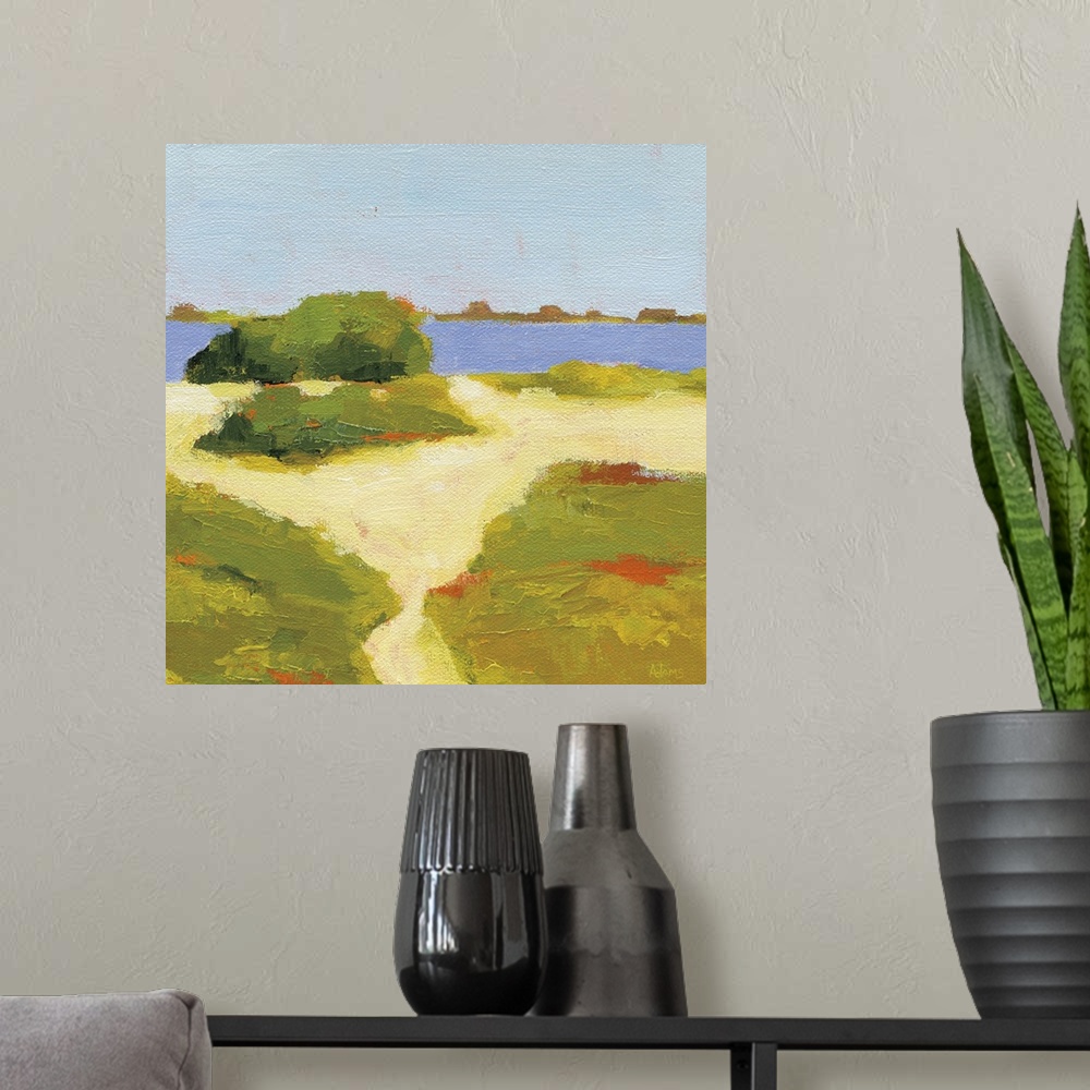 A modern room featuring Square abstract painting of a yellow sandy path that leads to the beach.