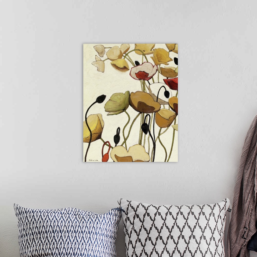 A bohemian room featuring Vertical, big floral painting of poppy flowers with minimal detail, extending upward on long stem...