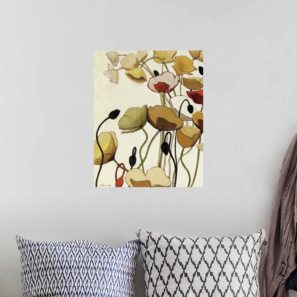 A bohemian room featuring Vertical, big floral painting of poppy flowers with minimal detail, extending upward on long stem...