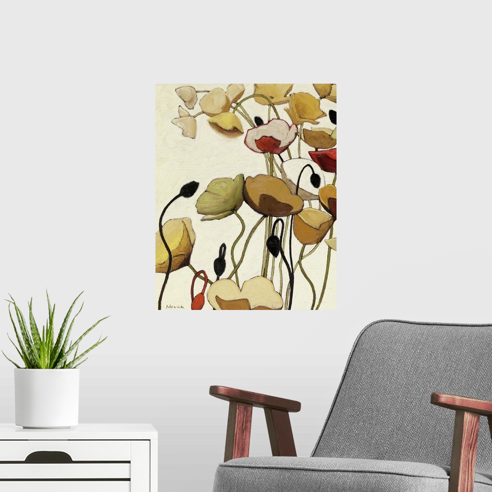 A modern room featuring Vertical, big floral painting of poppy flowers with minimal detail, extending upward on long stem...