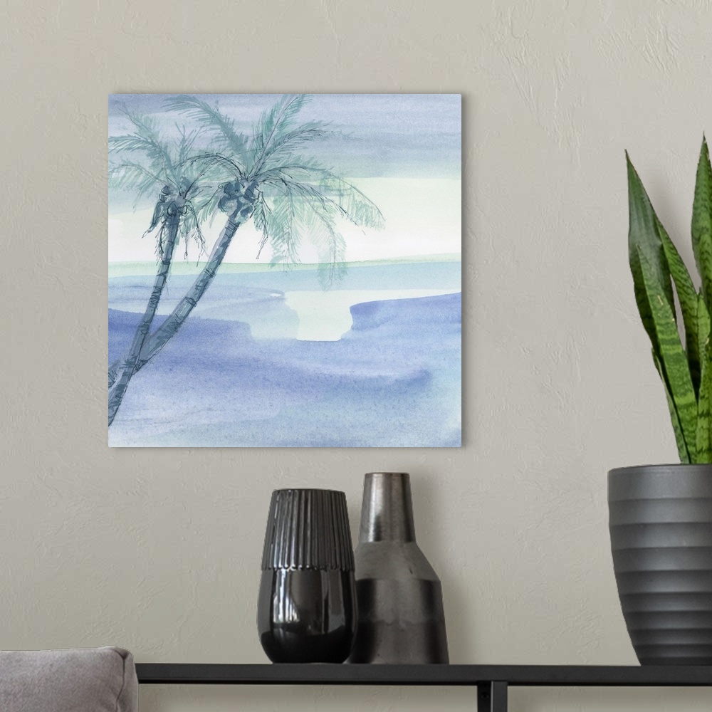 A modern room featuring Contemporary watercolor painting of palm trees against a blue background.