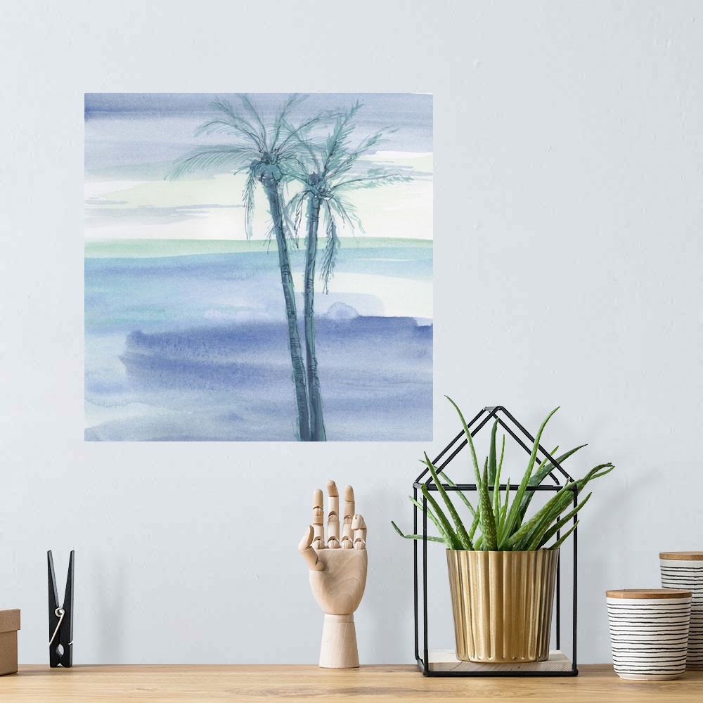 A bohemian room featuring Contemporary watercolor painting of palm trees against a blue background.