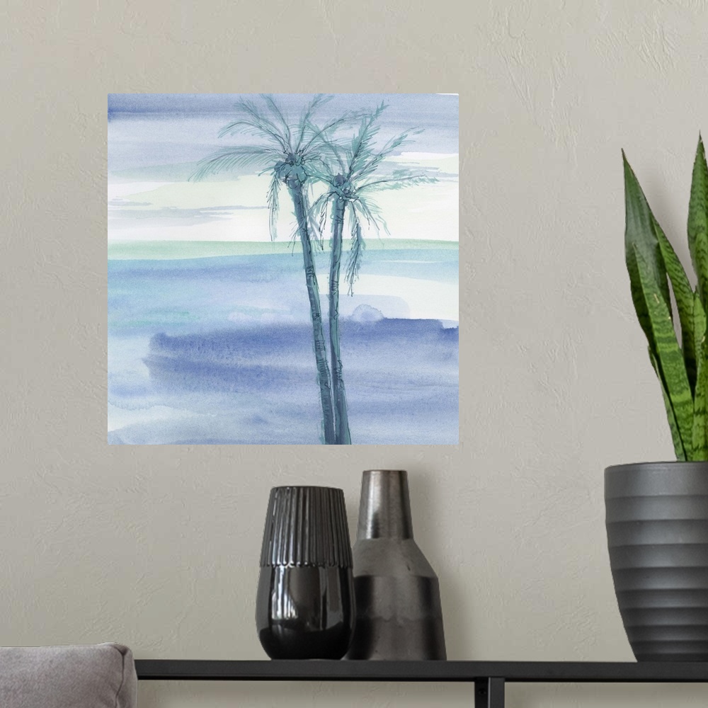 A modern room featuring Contemporary watercolor painting of palm trees against a blue background.