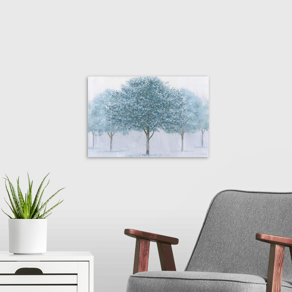 A modern room featuring A contemporary painting of a row of trees in blue on a grey backdrop.