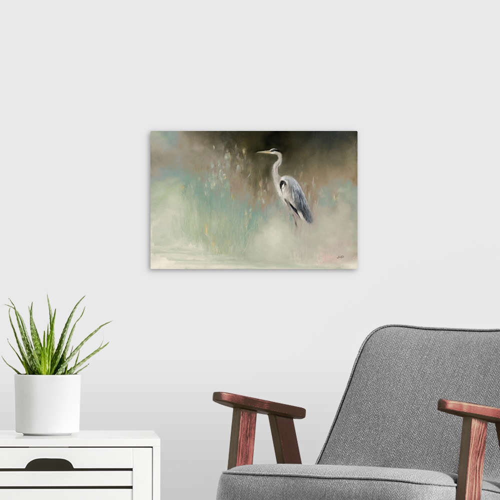 A modern room featuring Peaceul Egret Teal Crop