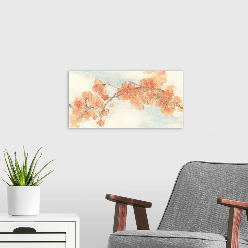 A modern room featuring Painting of a branch with pastel pink blooms.