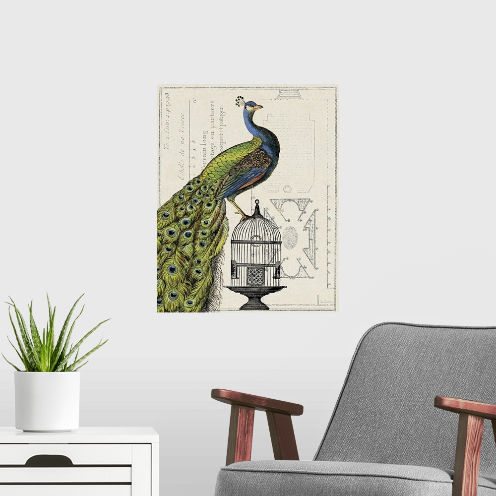 A modern room featuring Antique-style collage of an illustrated Indian peafowl on a cage combined with an architectural d...
