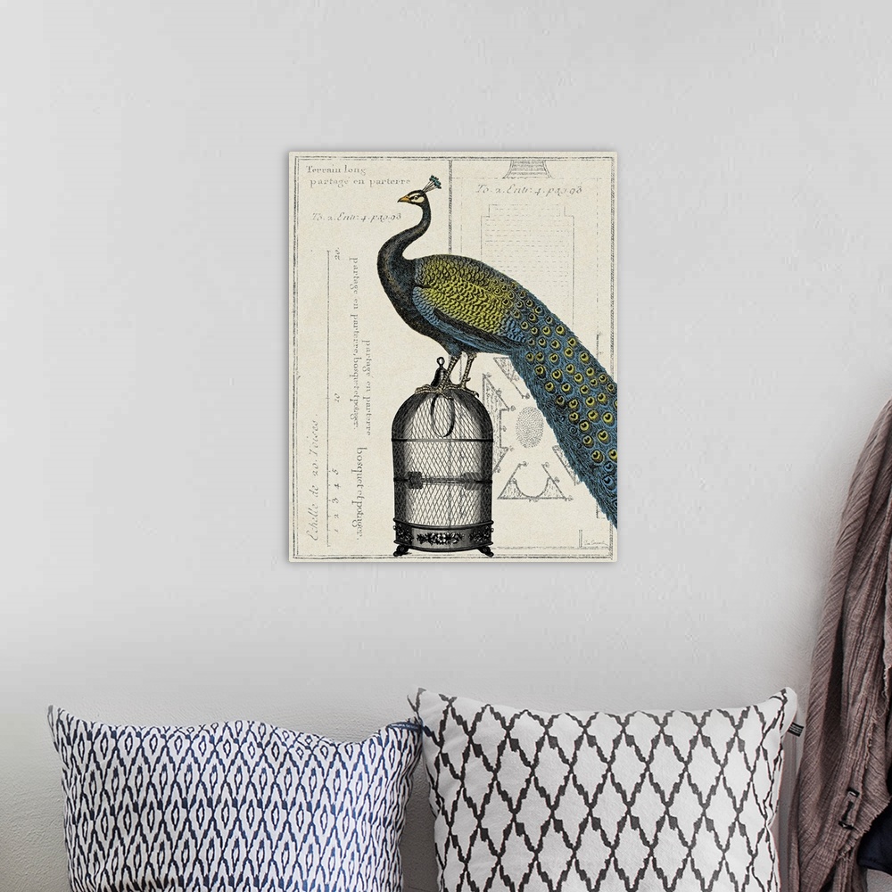 A bohemian room featuring Vertical, large home art docor of a peacock standing on a small birdcage, on a background of illu...