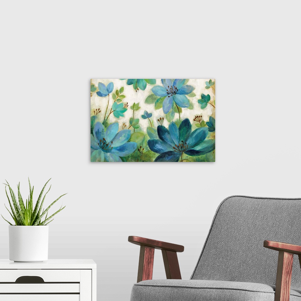 A modern room featuring Contemporary painting of blue and green flowers against a cream toned background.