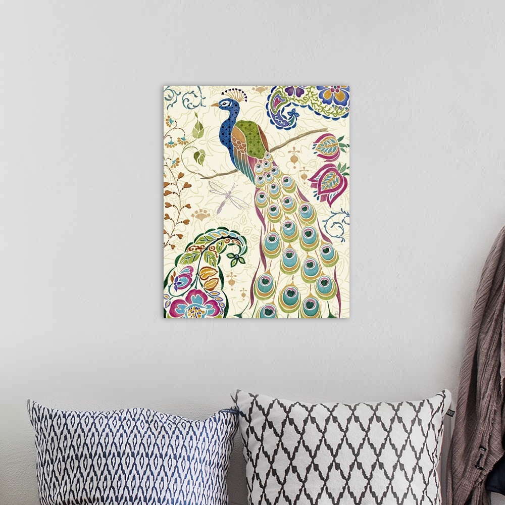 A bohemian room featuring Contemporary artwork of a peacock surrounded by floral designs against neutral background.