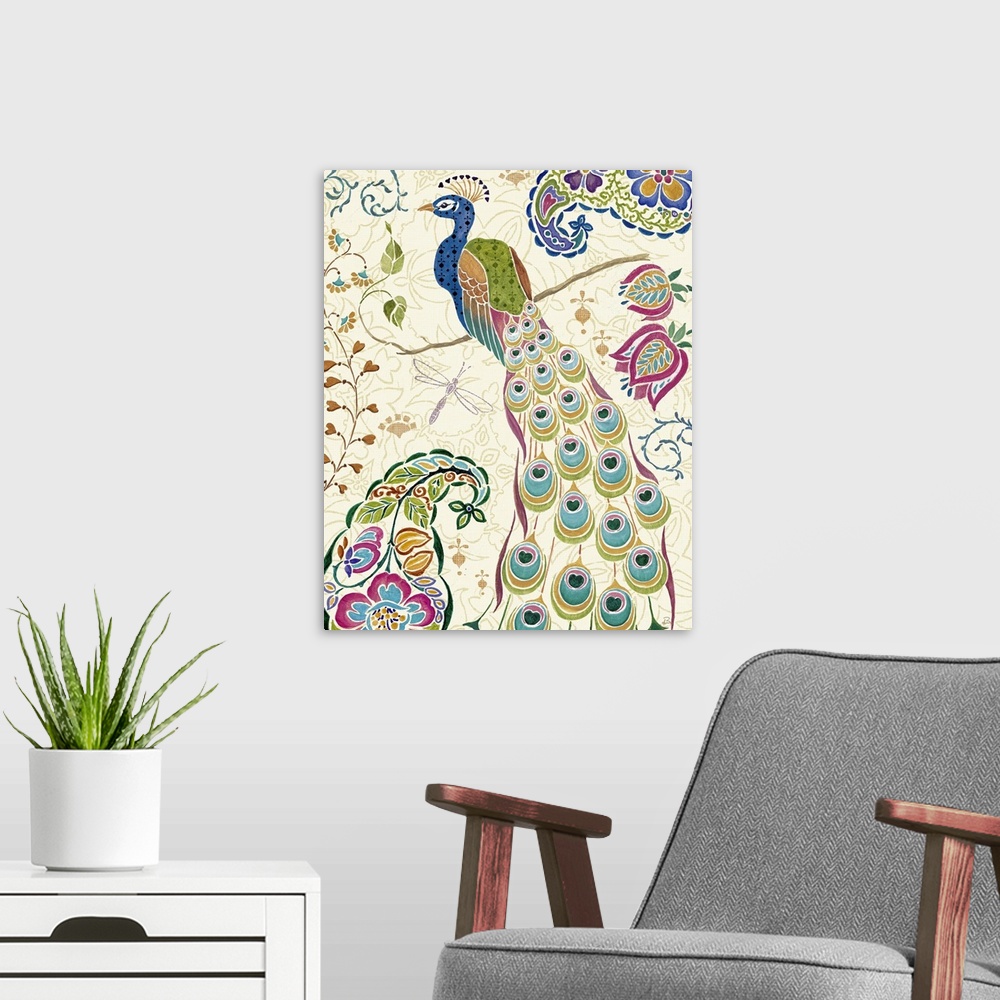 A modern room featuring Contemporary artwork of a peacock surrounded by floral designs against neutral background.