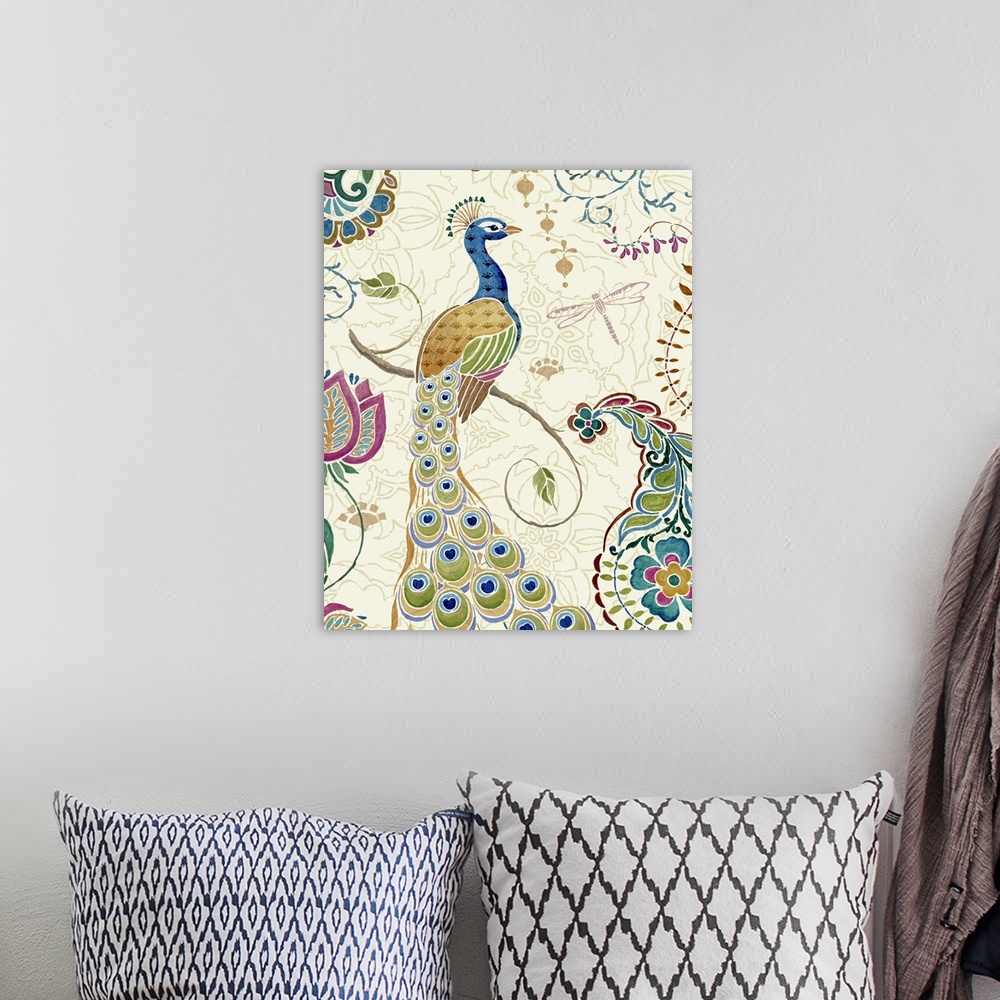 A bohemian room featuring Whimsical draw of a peacock on a branch with a dragonfly and colorful florals.