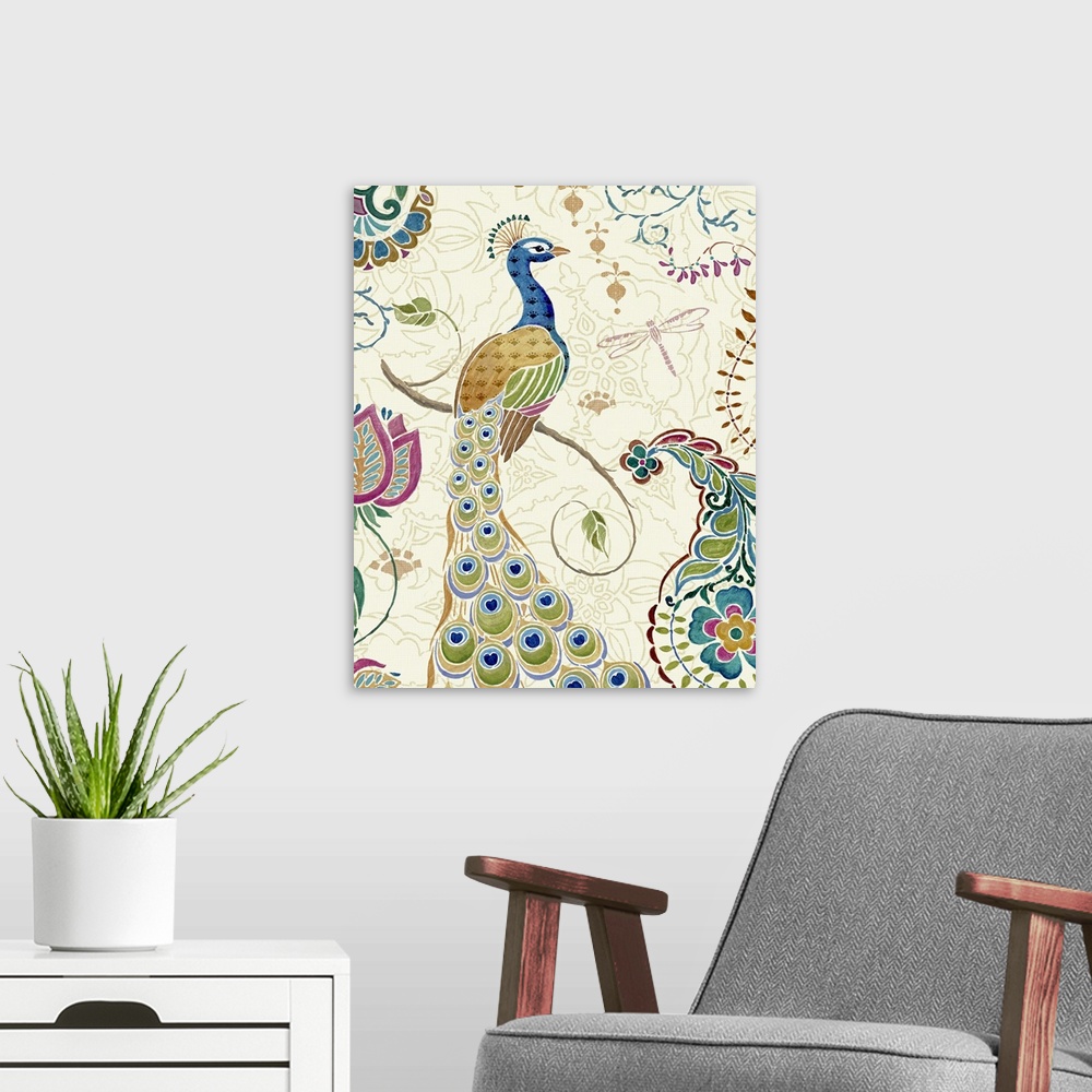 A modern room featuring Whimsical draw of a peacock on a branch with a dragonfly and colorful florals.
