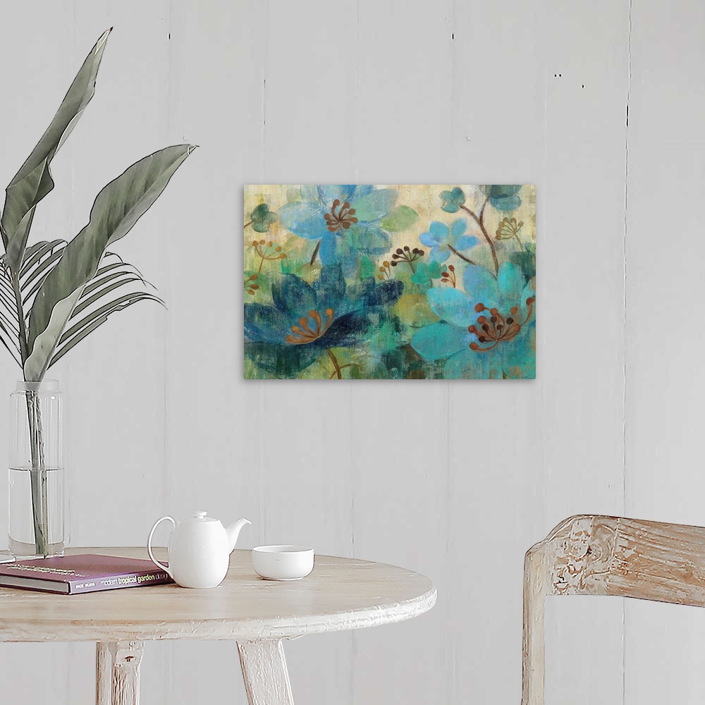 A farmhouse room featuring Painting of floral collage.  Emphasis is on the petal and stamen shapes, all ranging in different...