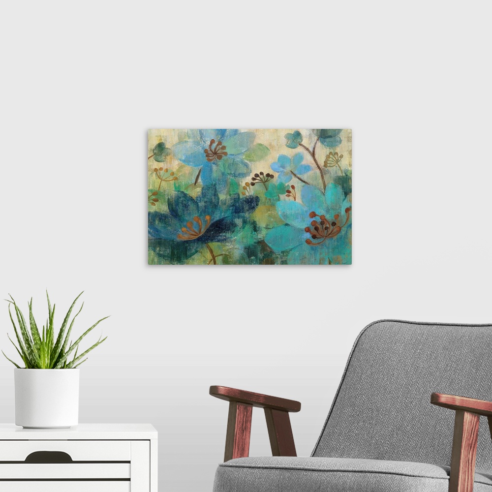 A modern room featuring Painting of floral collage.  Emphasis is on the petal and stamen shapes, all ranging in different...