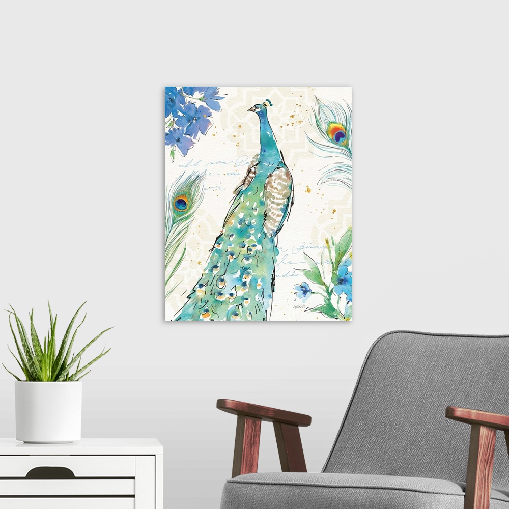 A modern room featuring Watercolor painting of a peacock surrounded by peacock feathers and blue flowers on a neutral col...