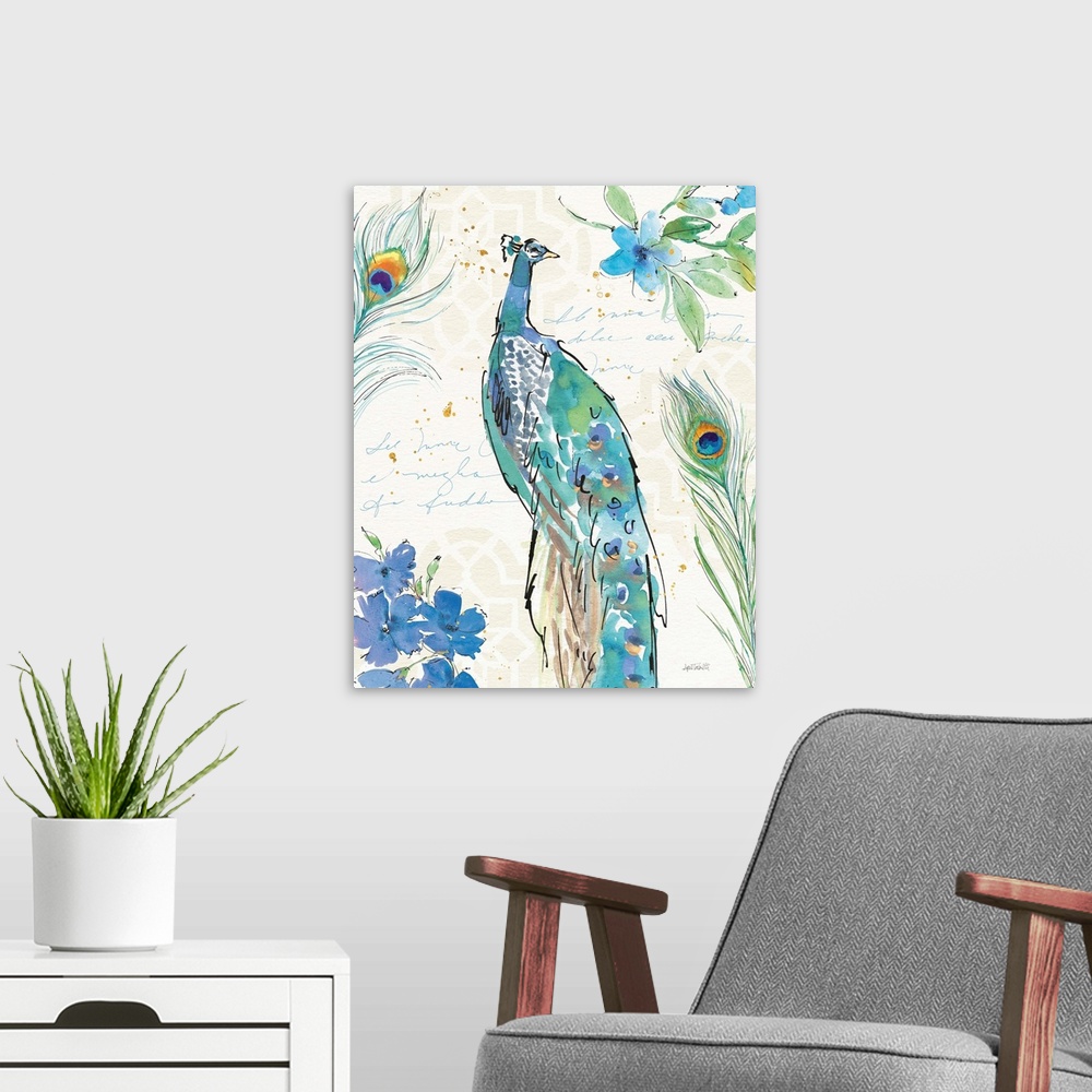 A modern room featuring Watercolor painting of a peacock surrounded by peacock feathers and blue flowers on a neutral col...