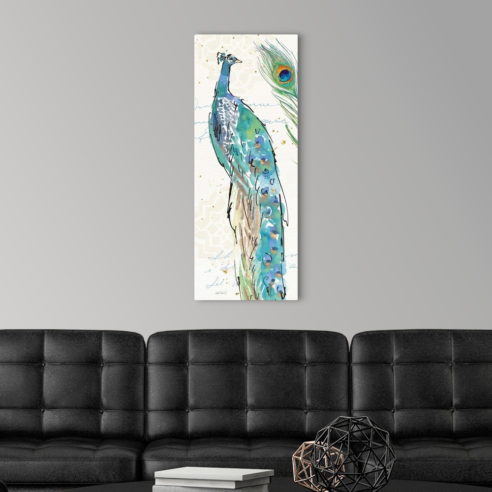 A modern room featuring Tall rectangular watercolor painting of a peacock and a peacock feathers on a neutral colored bac...