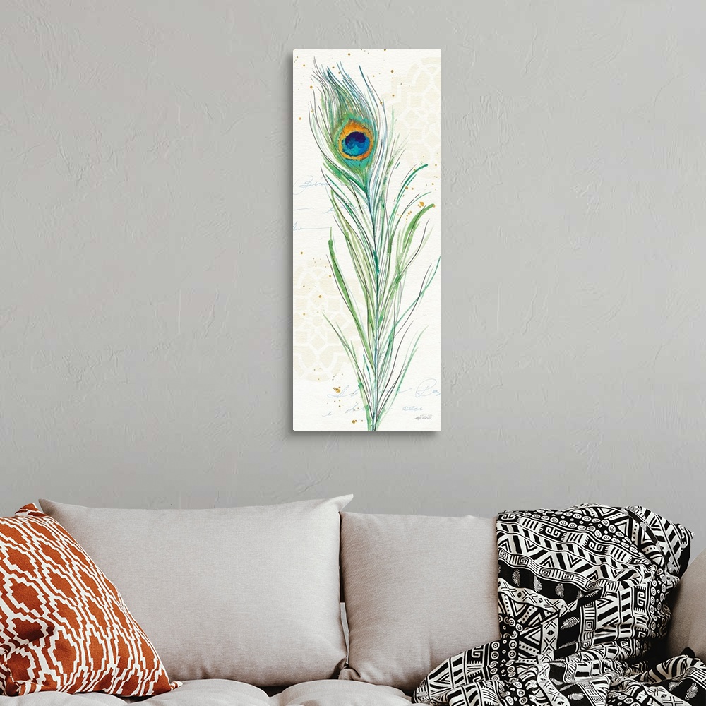 A bohemian room featuring Tall rectangular watercolor painting of a peacock feather on a neutral colored background with li...