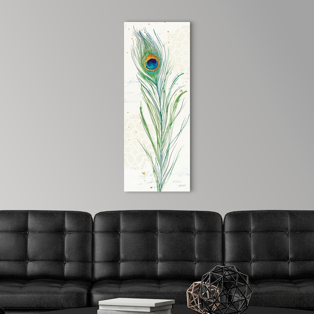 A modern room featuring Tall rectangular watercolor painting of a peacock feather on a neutral colored background with li...