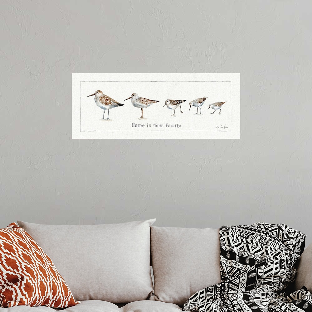 A bohemian room featuring Watercolor painting of a family of sandpipers with the phrase "Home is your family."