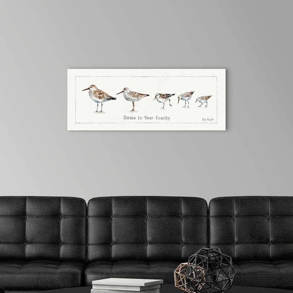 A modern room featuring Watercolor painting of a family of sandpipers with the phrase "Home is your family."