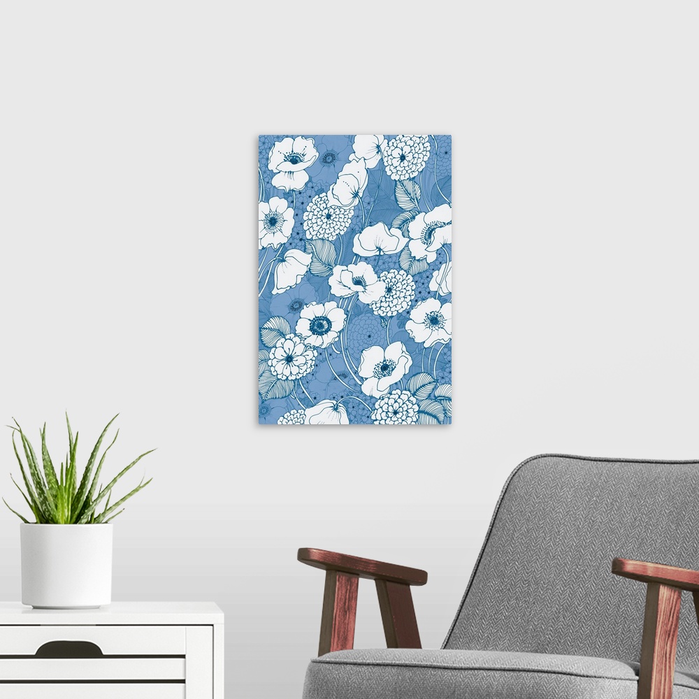 A modern room featuring A vertical image of white poppy flowers outlined in blue on a blue floral backdrop.