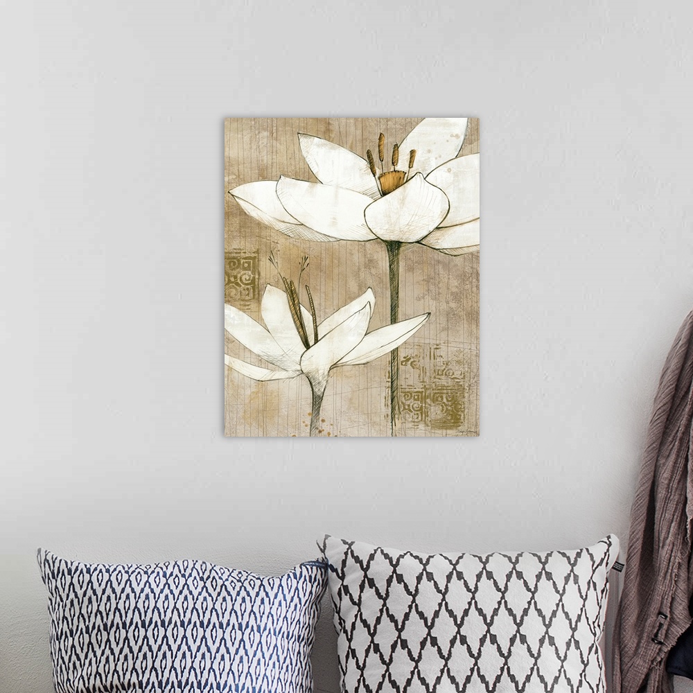 A bohemian room featuring Contemporary artwork of two different types of white flowers drawn against a neutral background w...
