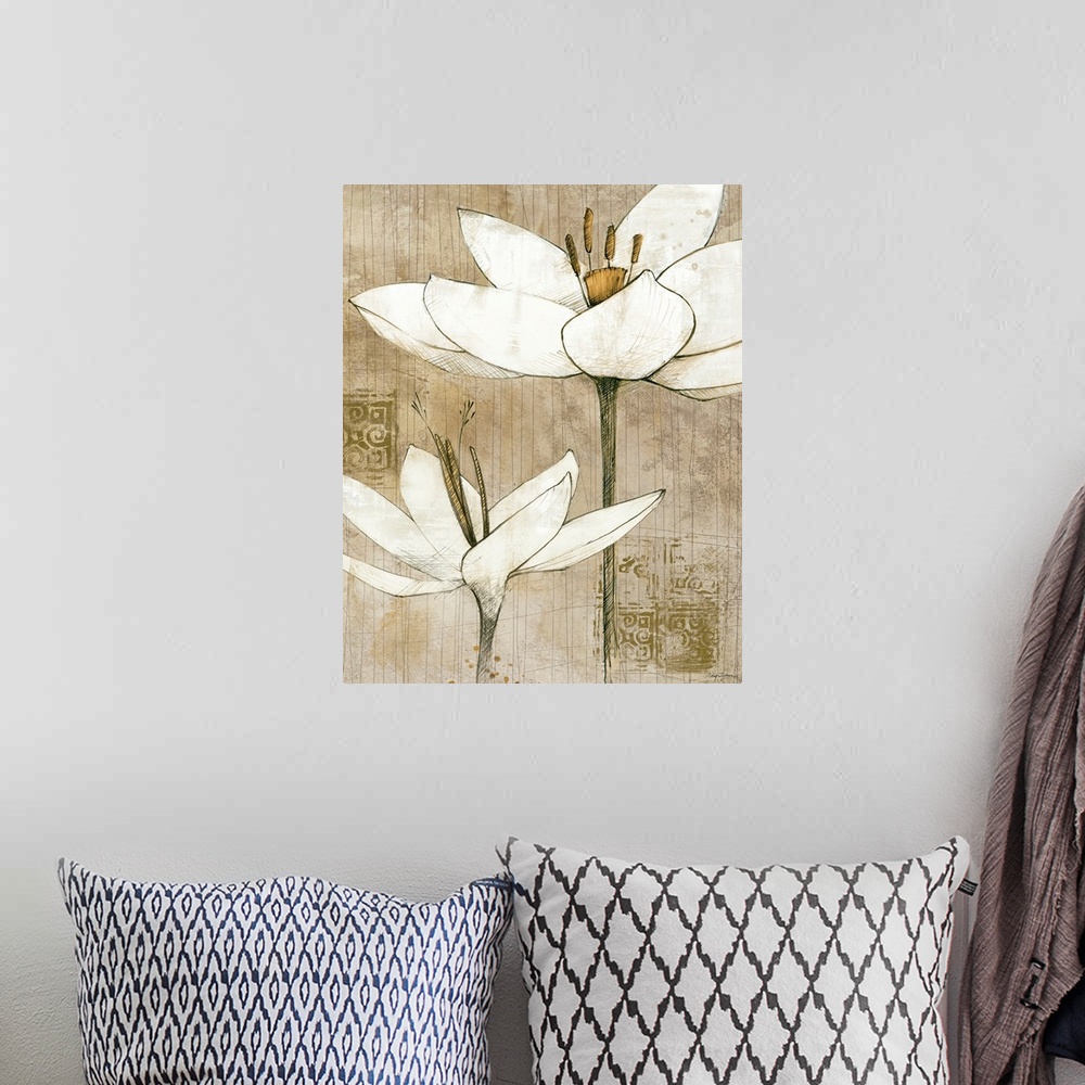 A bohemian room featuring Contemporary artwork of two different types of white flowers drawn against a neutral background w...