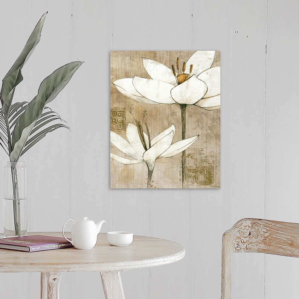 A farmhouse room featuring Contemporary artwork of two different types of white flowers drawn against a neutral background w...
