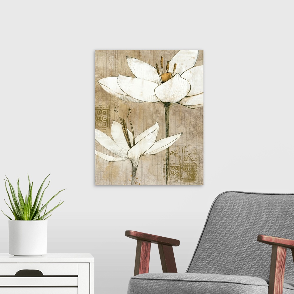 A modern room featuring Contemporary artwork of two different types of white flowers drawn against a neutral background w...