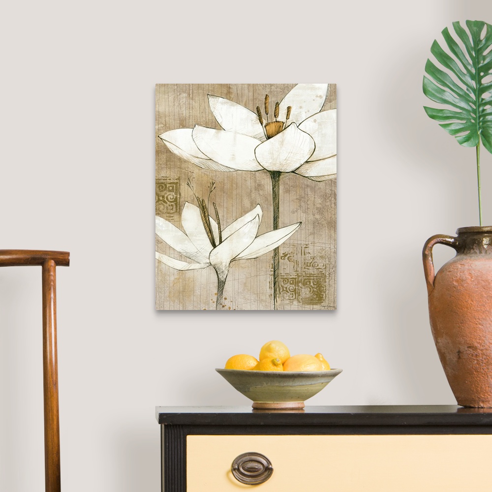 A traditional room featuring Contemporary artwork of two different types of white flowers drawn against a neutral background w...
