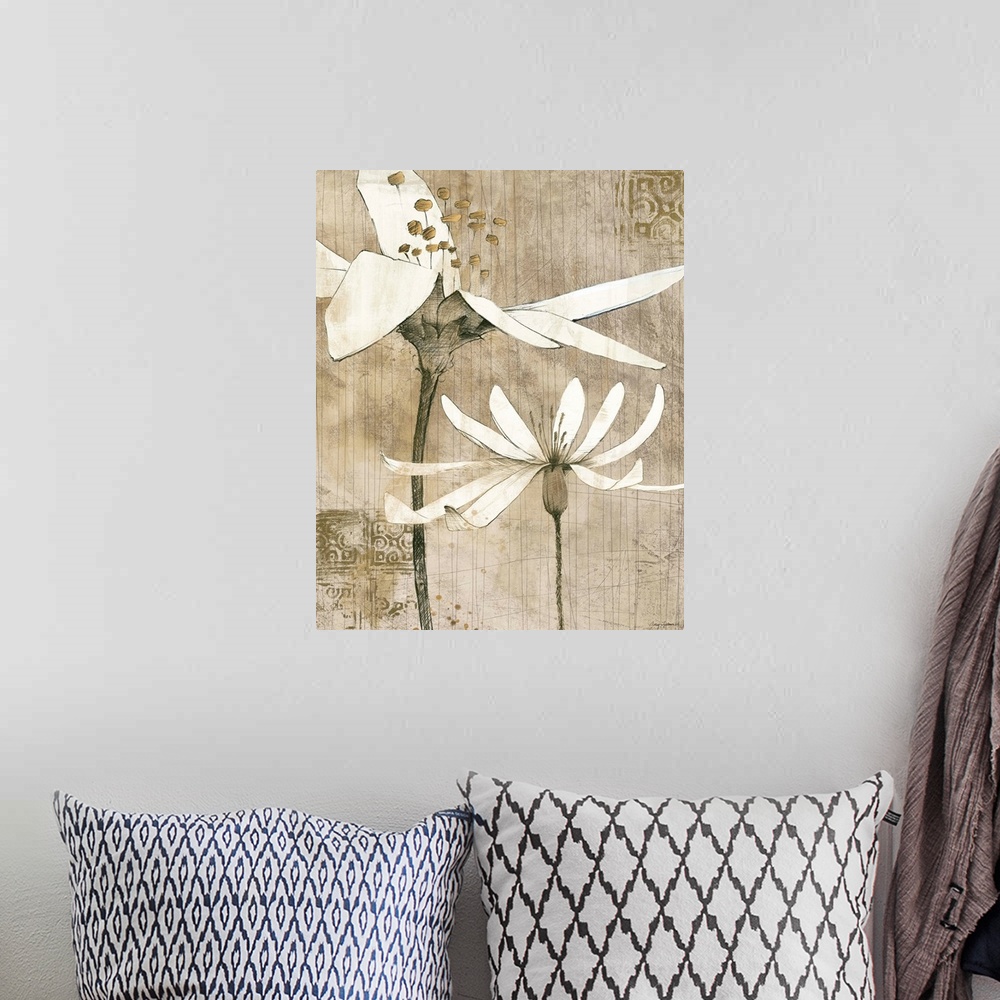 A bohemian room featuring Contemporary artwork of two flower blossoms with a vertical stripe background and ornate tile des...