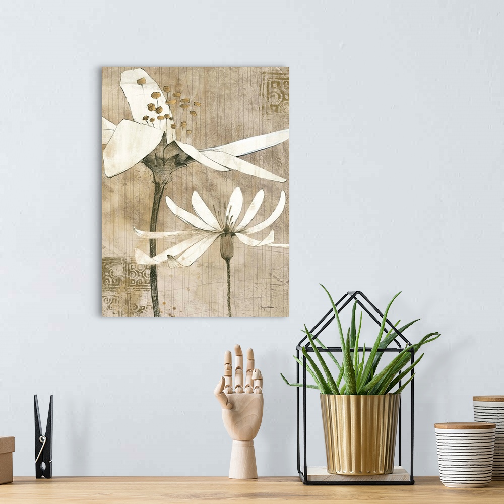 A bohemian room featuring Contemporary artwork of white flowers against a rustic and weathered looking background.