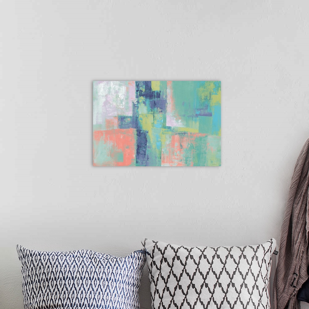 A bohemian room featuring Large abstract painting with pastel hues layered on top of each other.