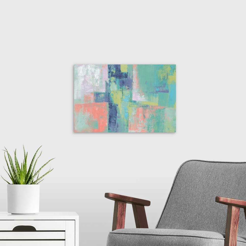 A modern room featuring Large abstract painting with pastel hues layered on top of each other.