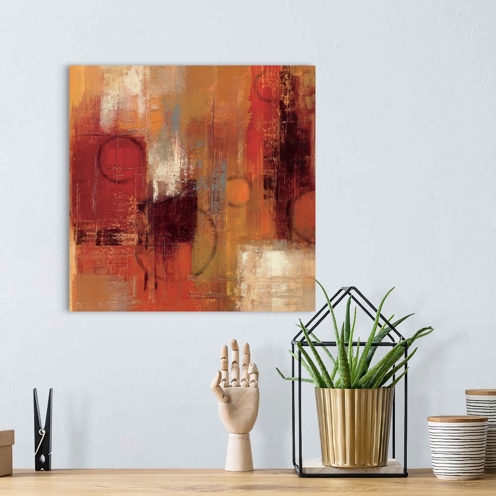 A bohemian room featuring Abstract artwork of weathered paint that runs vertically in various colors and rings faded onto t...