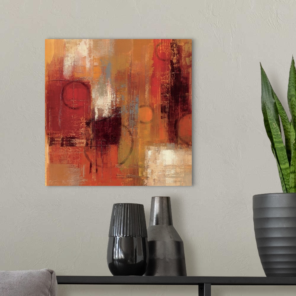 A modern room featuring Abstract artwork of weathered paint that runs vertically in various colors and rings faded onto t...