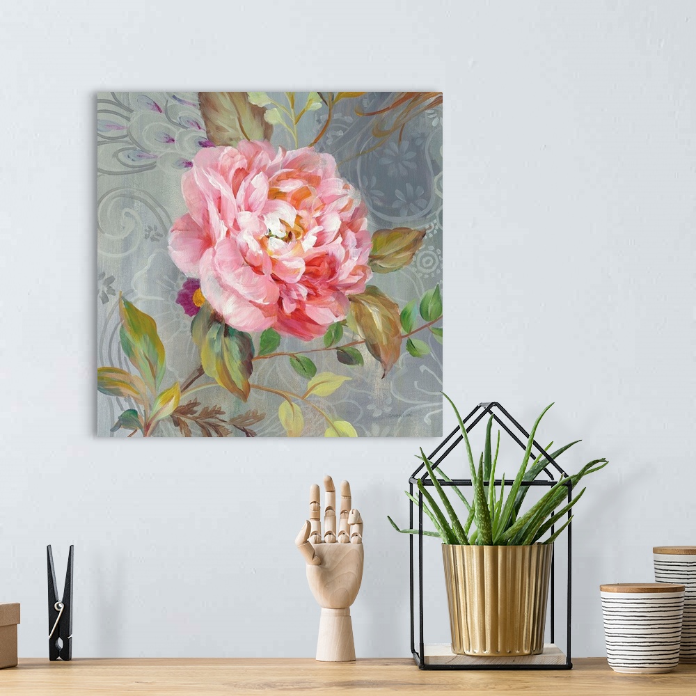 A bohemian room featuring Contemporary square painting of a pink peony on a gray paisley patterned background.