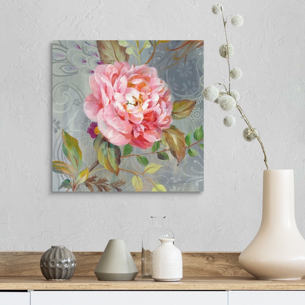 A farmhouse room featuring Contemporary square painting of a pink peony on a gray paisley patterned background.