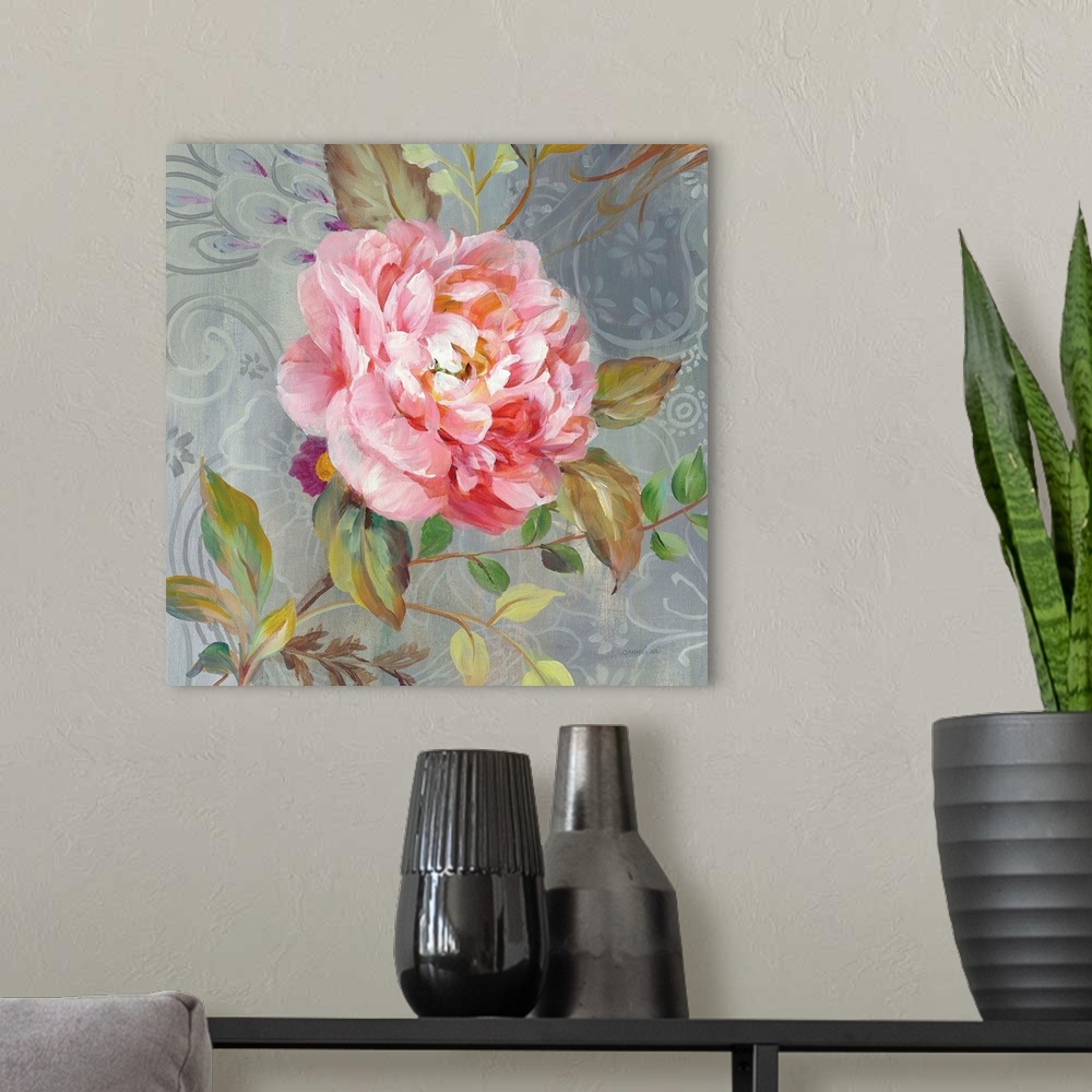 A modern room featuring Contemporary square painting of a pink peony on a gray paisley patterned background.