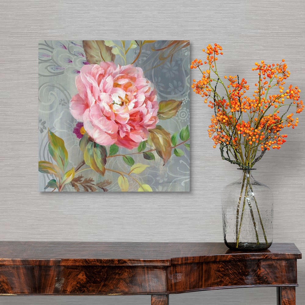 A traditional room featuring Contemporary square painting of a pink peony on a gray paisley patterned background.