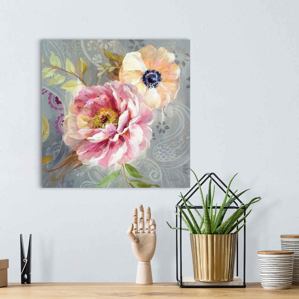 A bohemian room featuring Contemporary square painting of a pink peony and yellow poppy flower on a gray paisley patterned ...