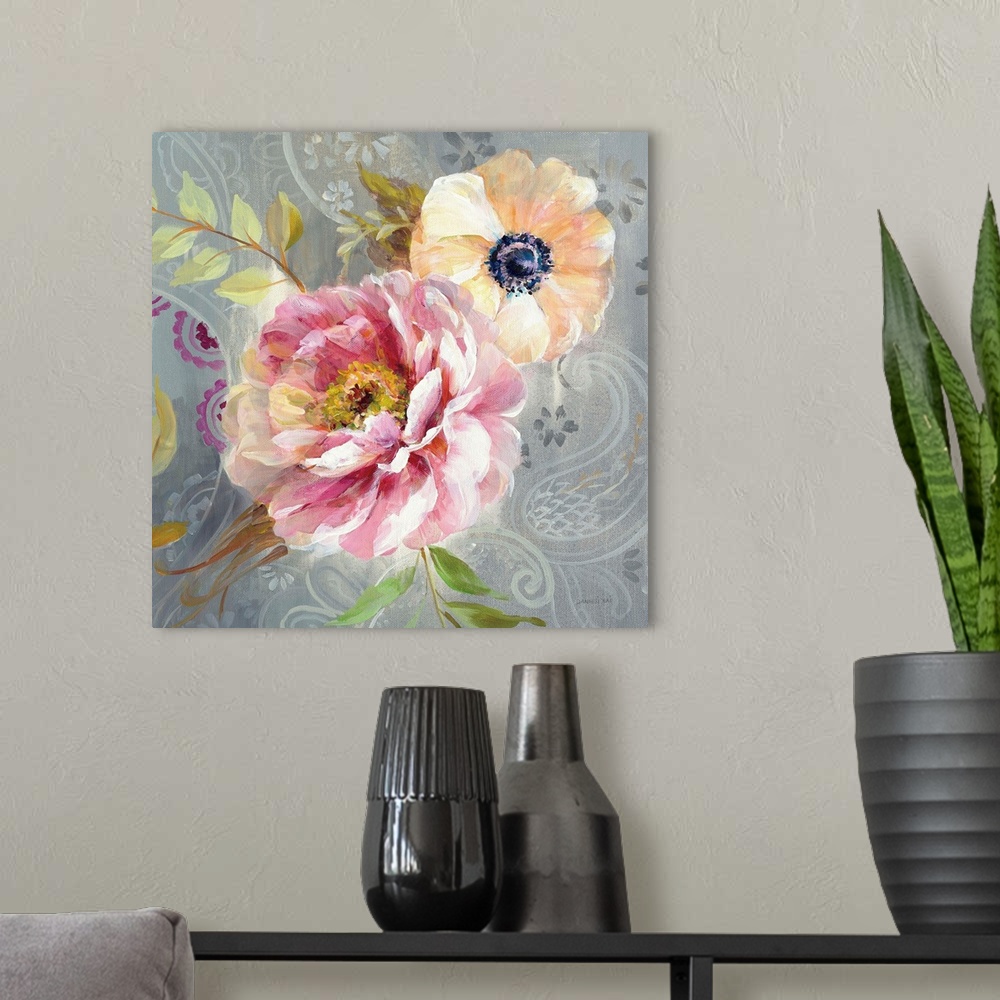 A modern room featuring Contemporary square painting of a pink peony and yellow poppy flower on a gray paisley patterned ...