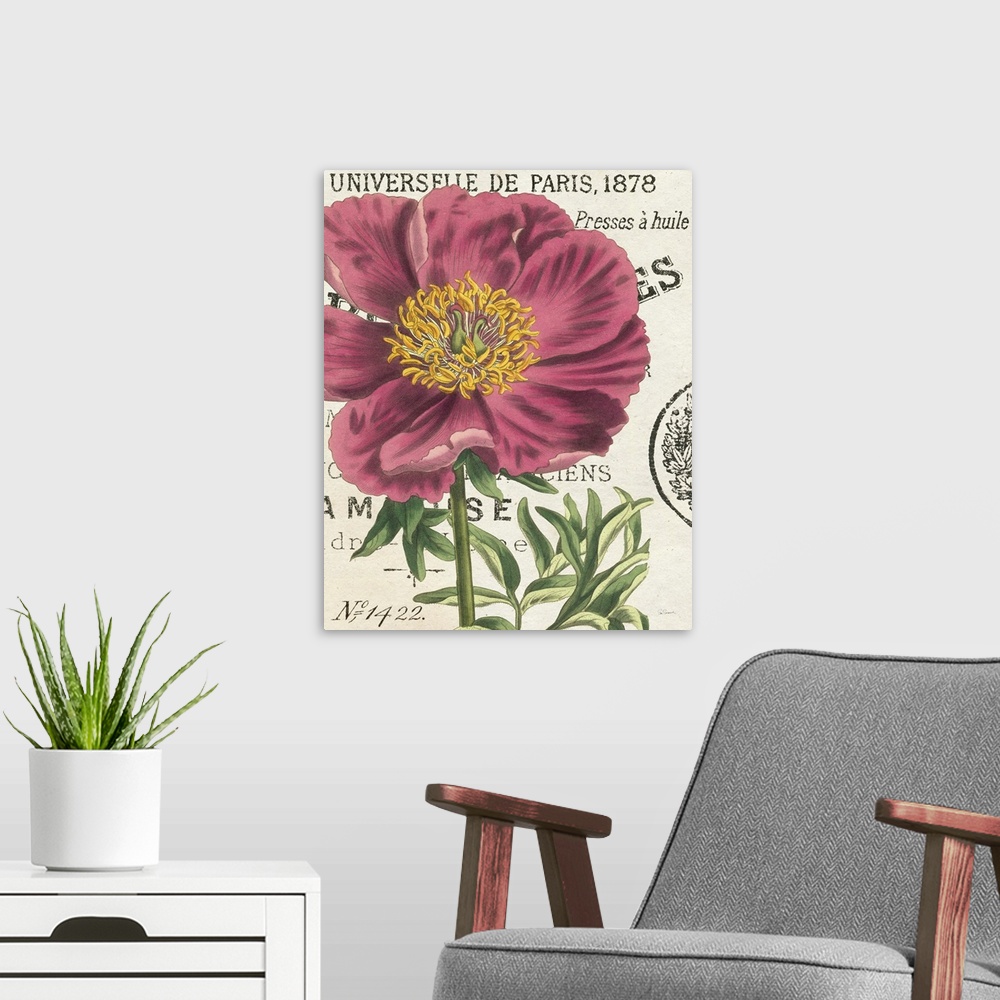 A modern room featuring Vintage stylized illustration of a pink peony against a cream background with text.