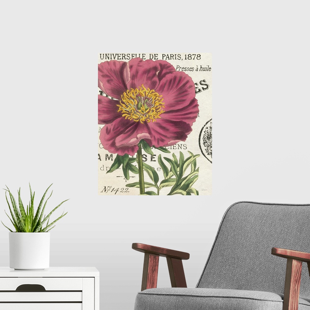 A modern room featuring Vintage stylized illustration of a pink peony against a cream background with text.